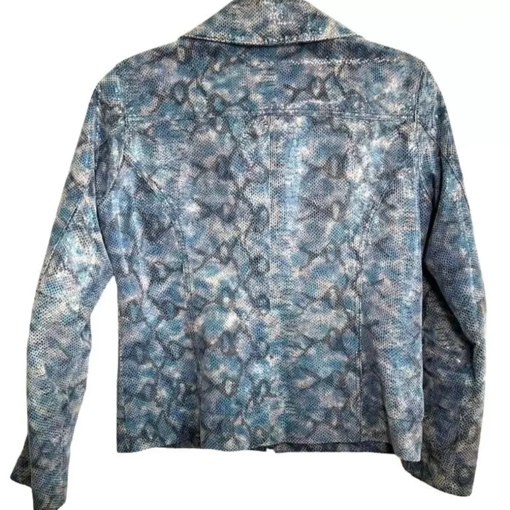 Chicos leather blue snakeskin print moto jacket women size 1.5 - Picture 2 of 10